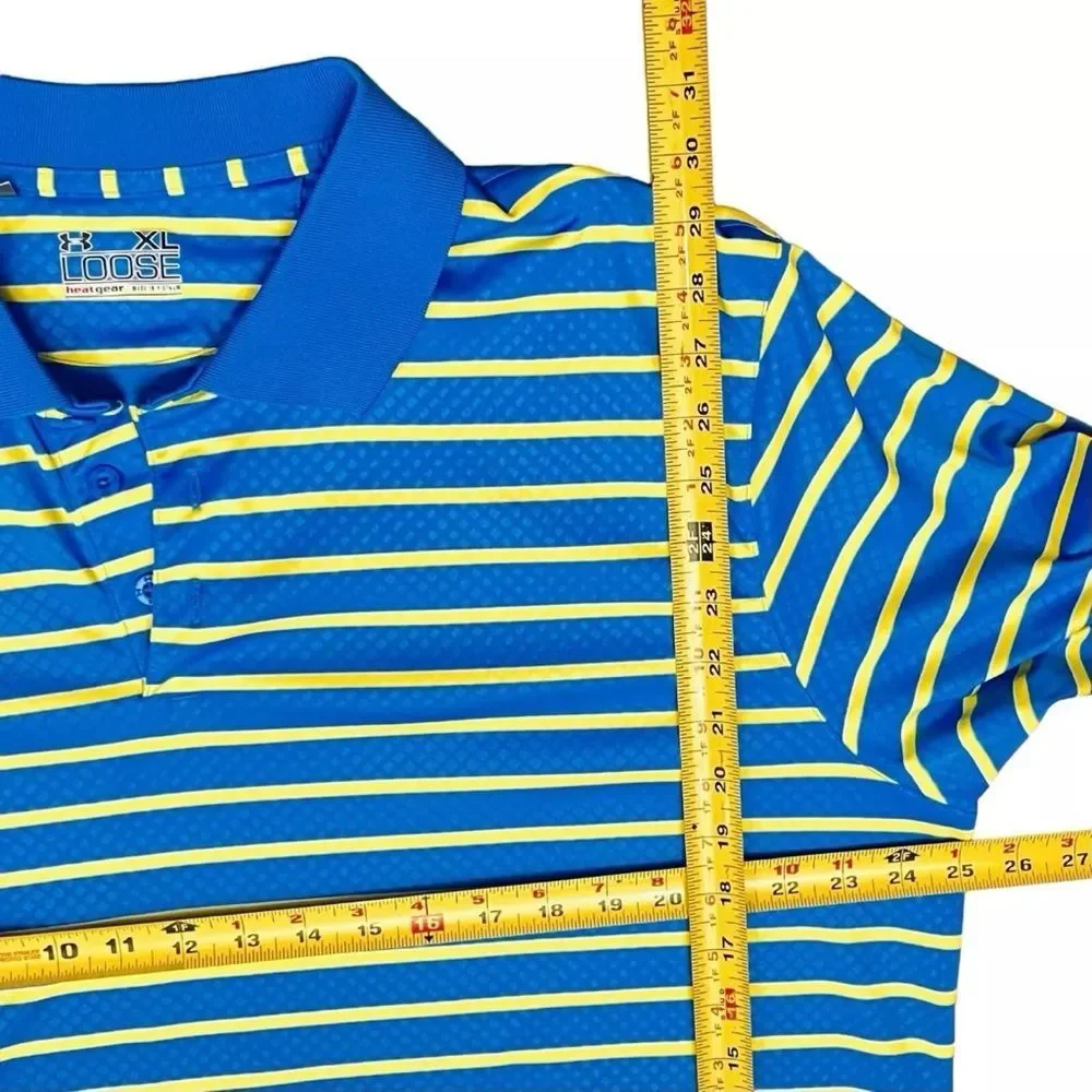 Under Armour Heat Gear Loose Polo  Florida Golf Course Blue Yellow Stripes Sz XL - Picture 10 of 12